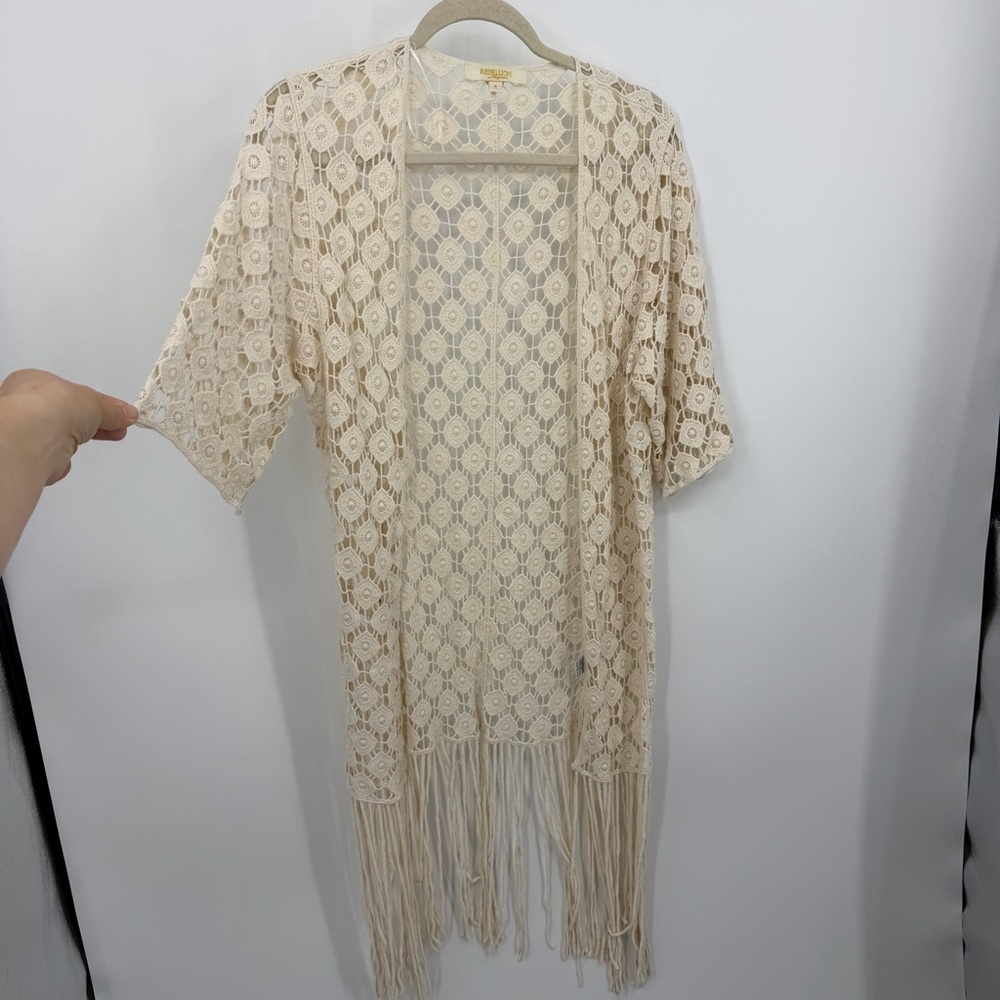 Rebellion Again cream crochet short-sleeve fringe accent cardigan festival sz‎ S